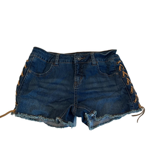 Justice girls side tie blue denim jean shorts frayed hem size 14R